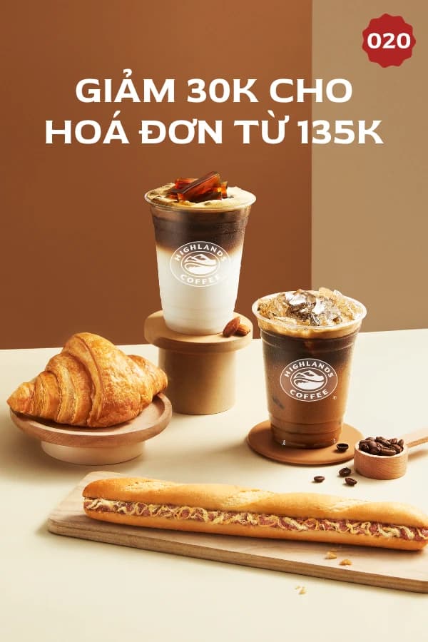Voucher Highlands Coffee giảm 30k cho hoá đơn từ 135k