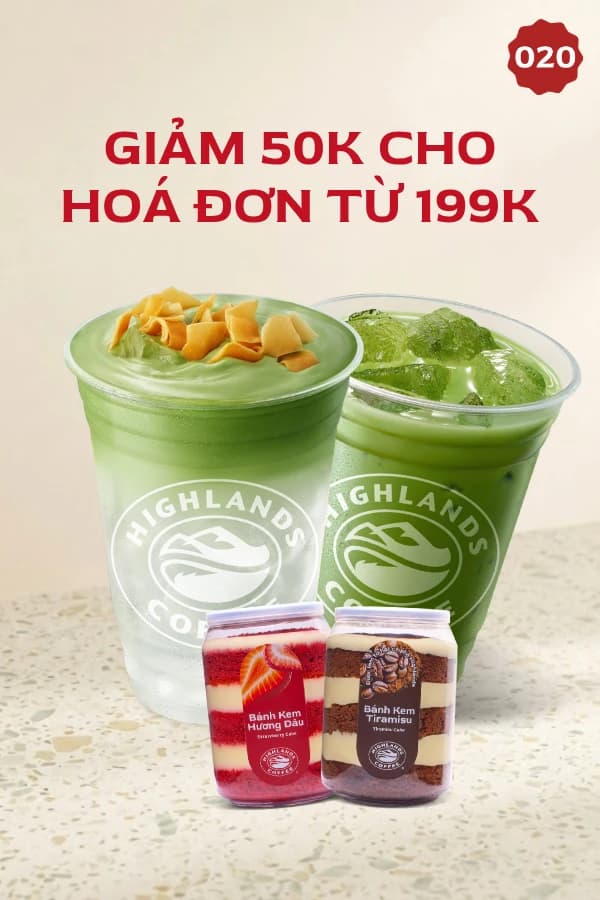 Voucher Highlands Coffee giảm 50k cho hoá đơn từ 199k